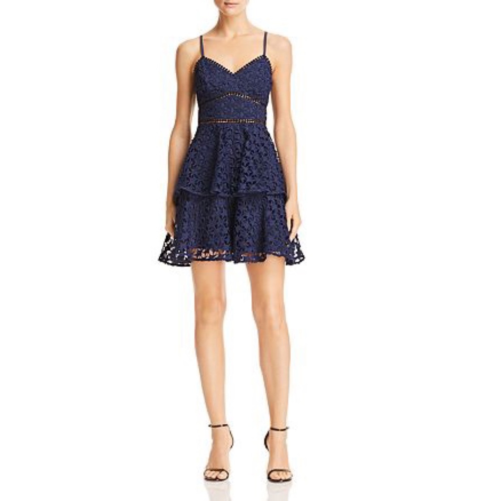 Aqua Navy Lace Tiered Mini Party Dress